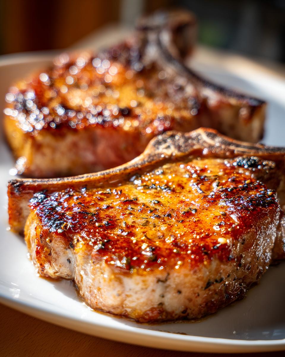 Two perfectly grilled pork chops on a white plate with a golden brown crust.