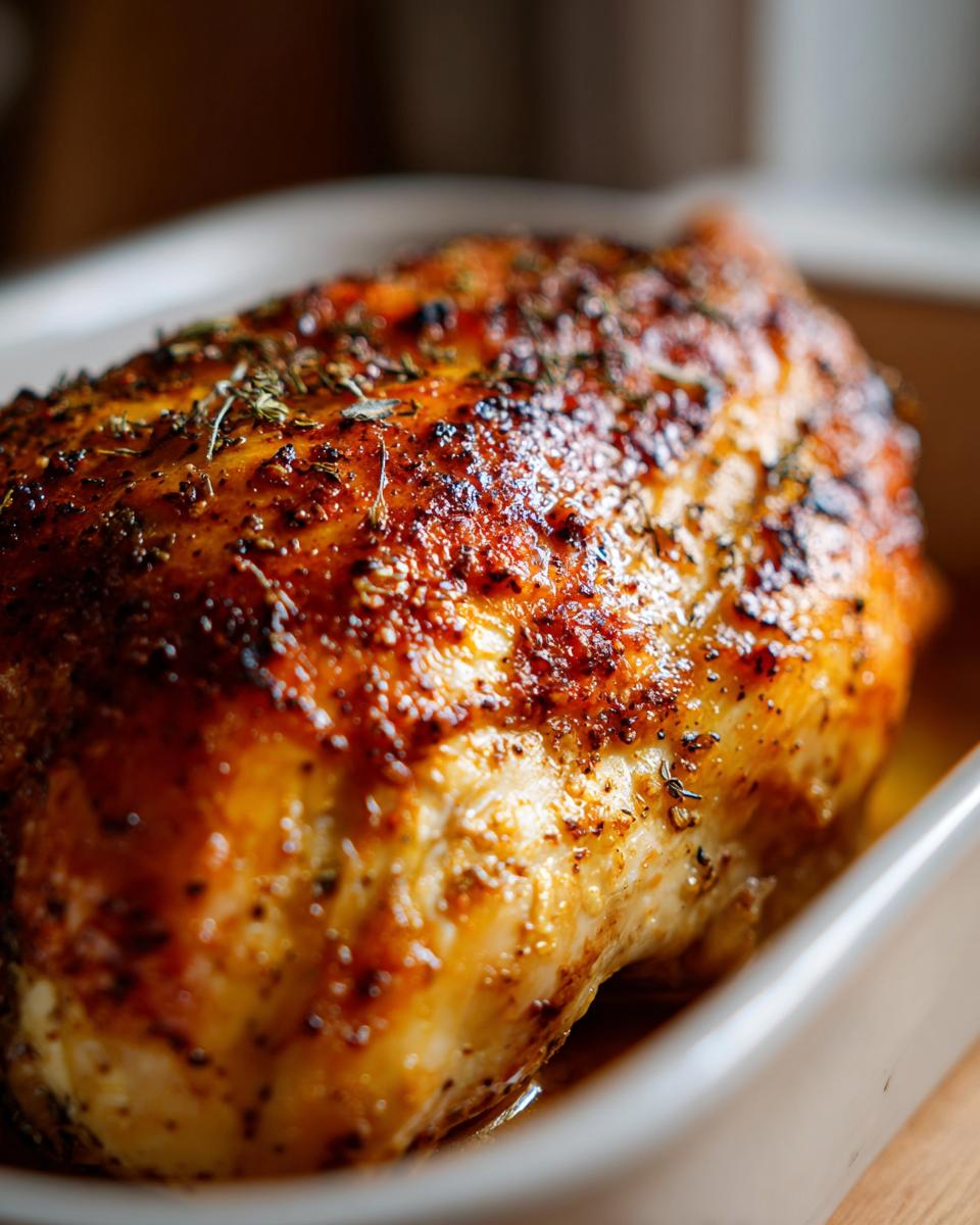 Close-up of juicy baked chicken breast seasoned with herbs and spices in a baking dish.