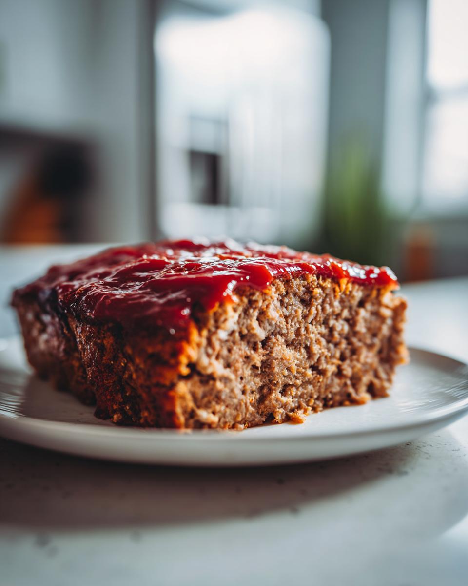 A close-up of a slice of juicy meatloaf recipe, topped with a sweet and tangy glaze.