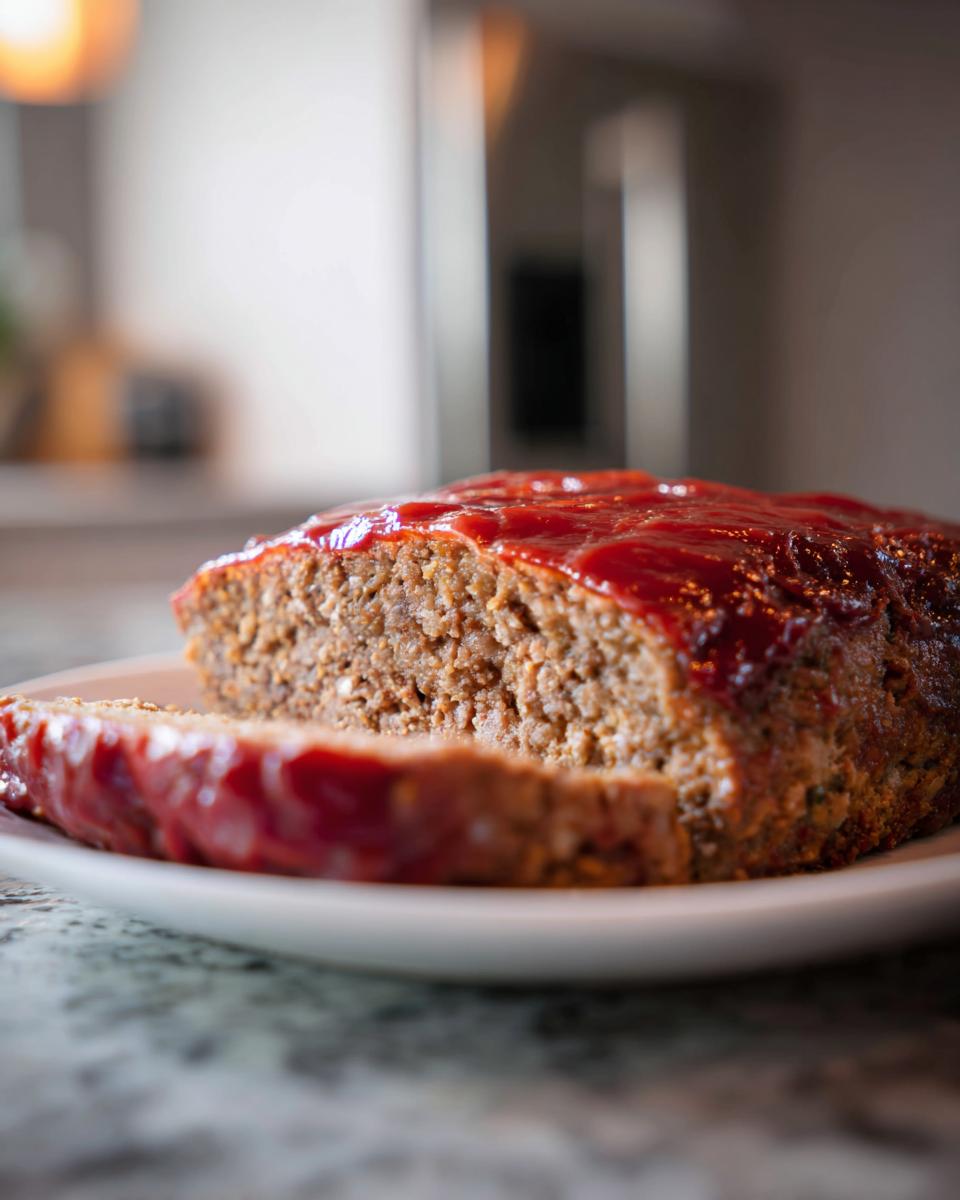 A slice of juicy meatloaf recipe topped with a glossy ketchup glaze, served on a white plate.