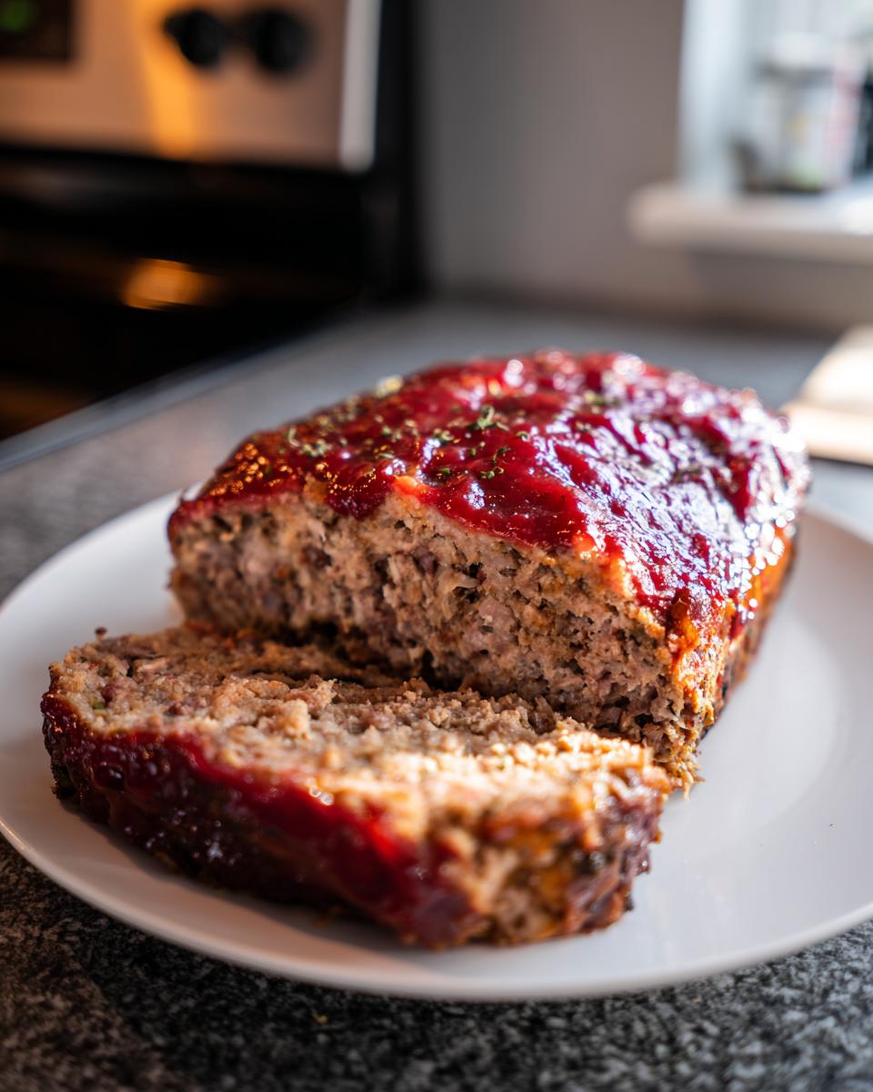 A close-up of a juicy meatloaf recipe slice on a white plate, topped with a glossy ketchup glaze and herbs.
