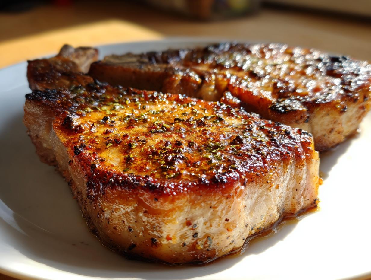 Close-up of juicy golden-brown pan-seared pork chops seasoned with herbs on a white plate.