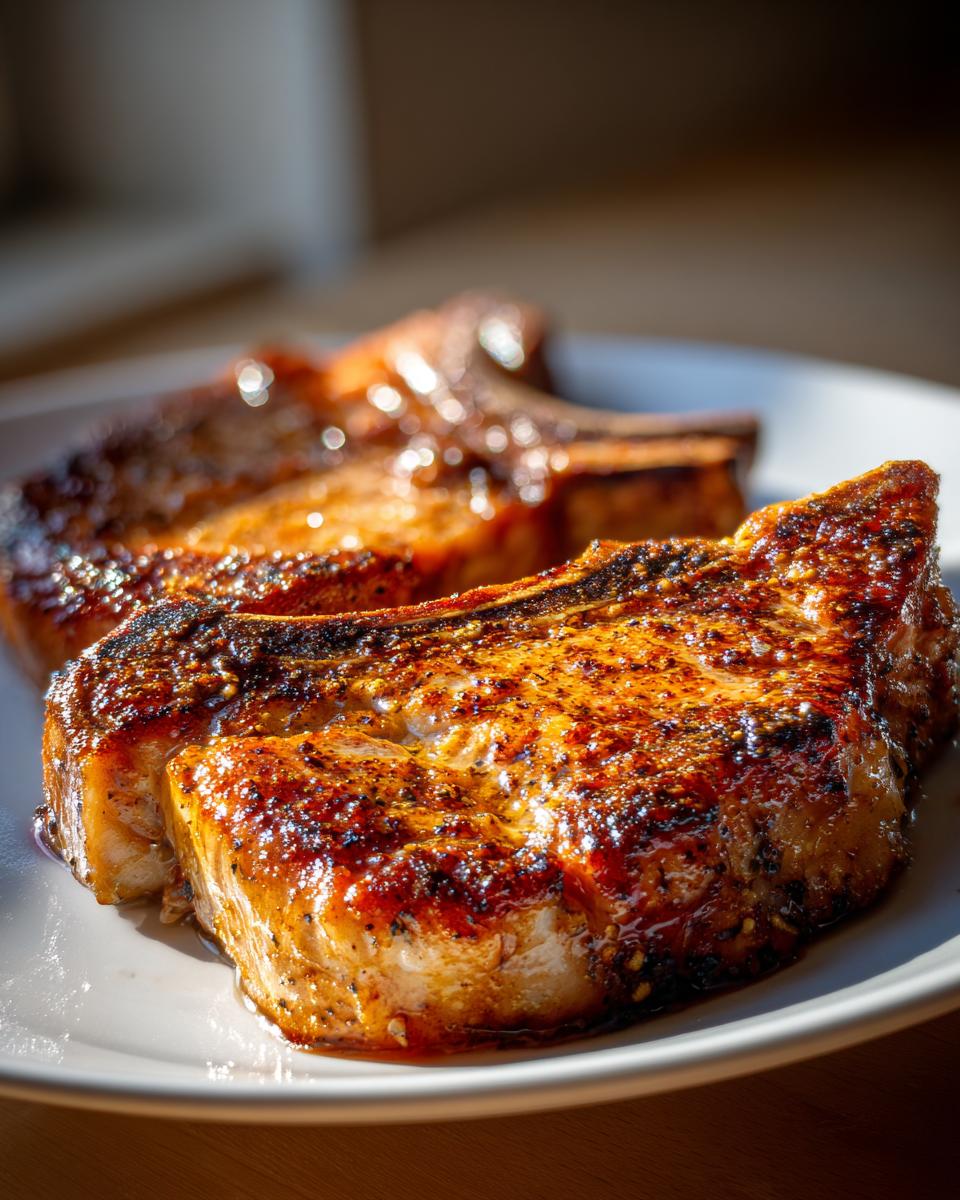 Close-up of two juicy pan-seared pork chops with a golden crust on a white plate.