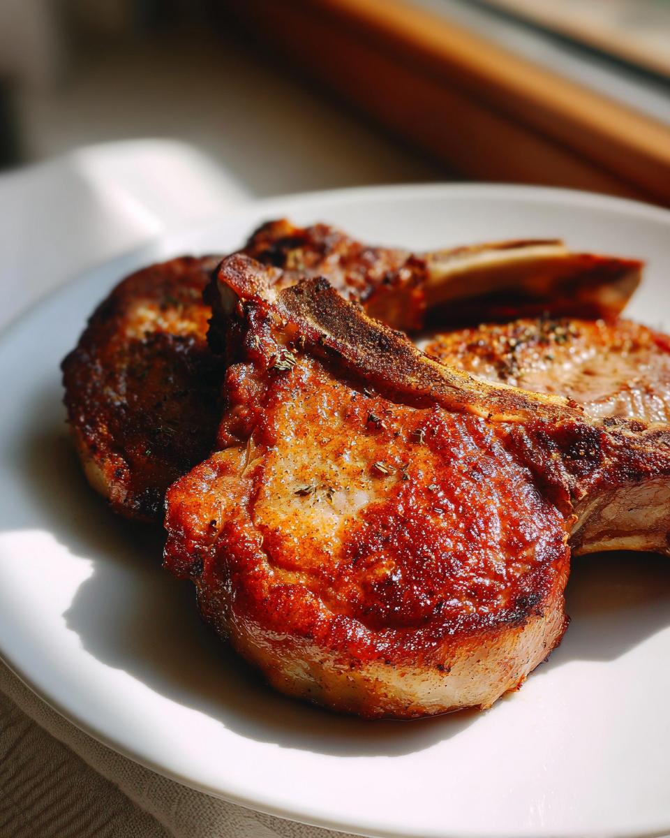 Close-up of juicy pan-seared pork chops seasoned and cooked to golden brown on a white plate.