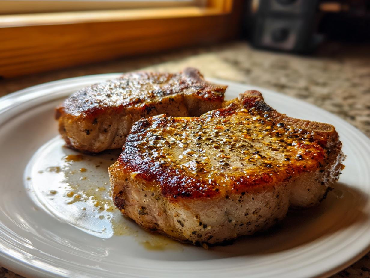 Two perfectly seared pork chops seasoned with pepper and herbs on a white plate, a delicious part of pork chops recipes.