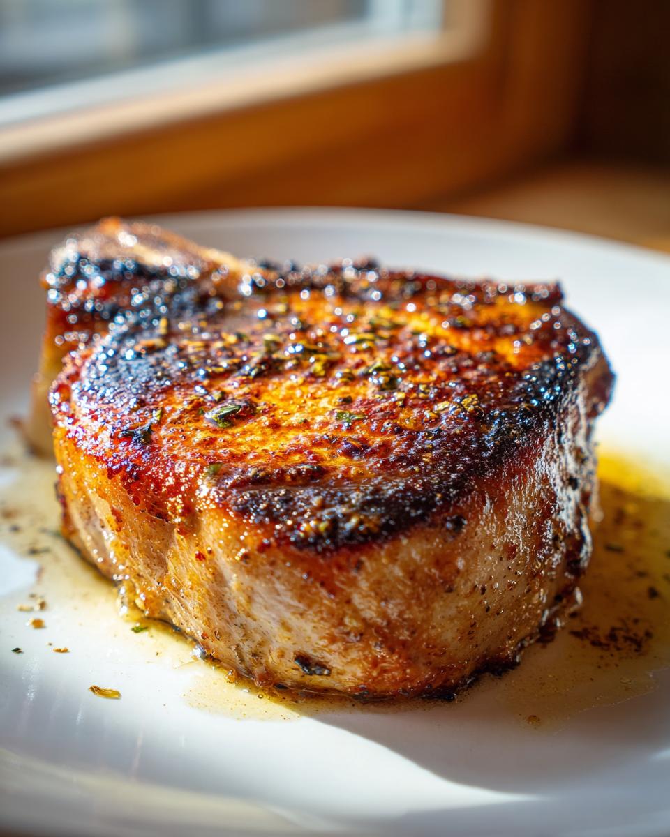 Close-up of a perfectly seared pork chop, seasoned with herbs and spices, resting in its own juices on a white plate.