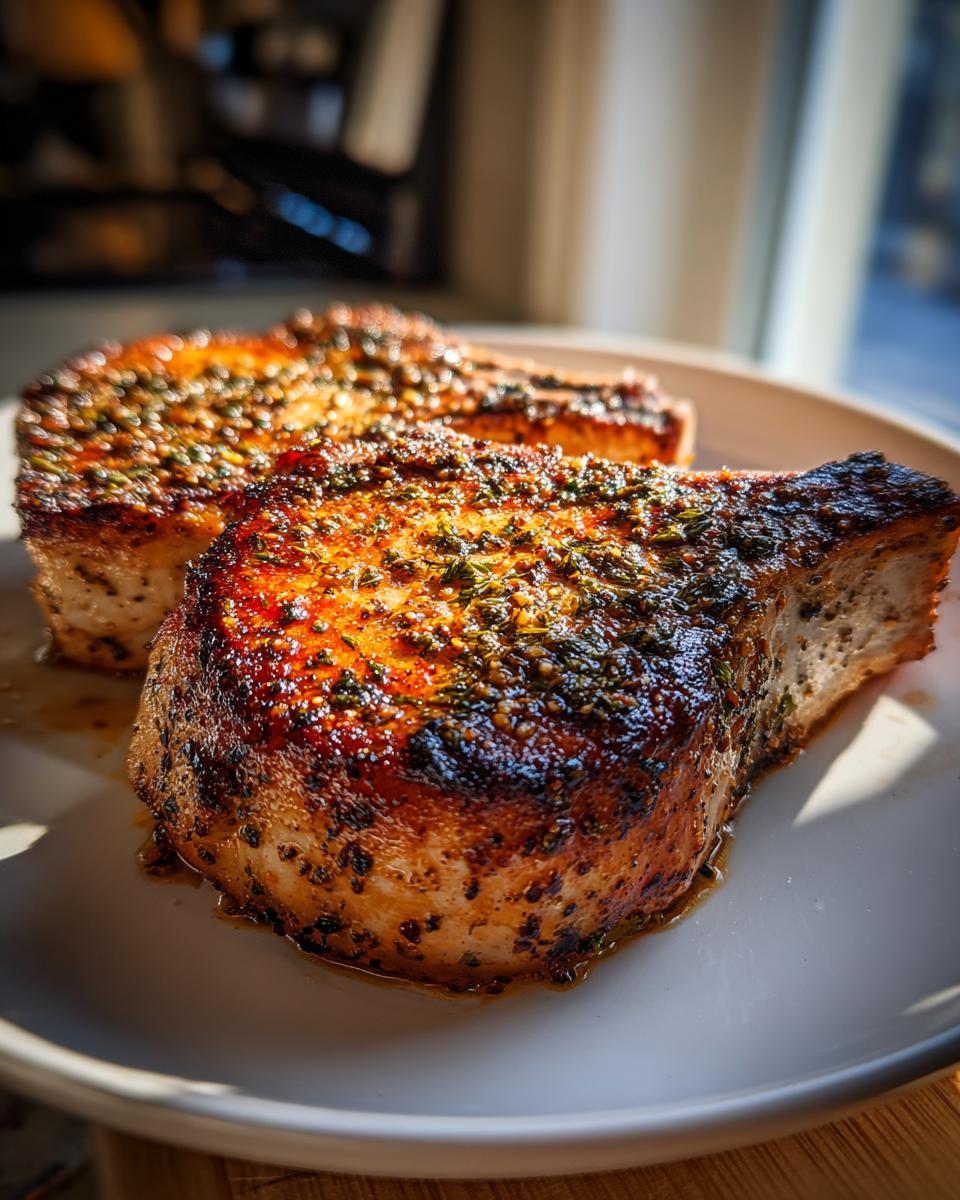 Close-up of two perfectly cooked pork chops with a golden-brown crust, seasoned with herbs, on a white plate.