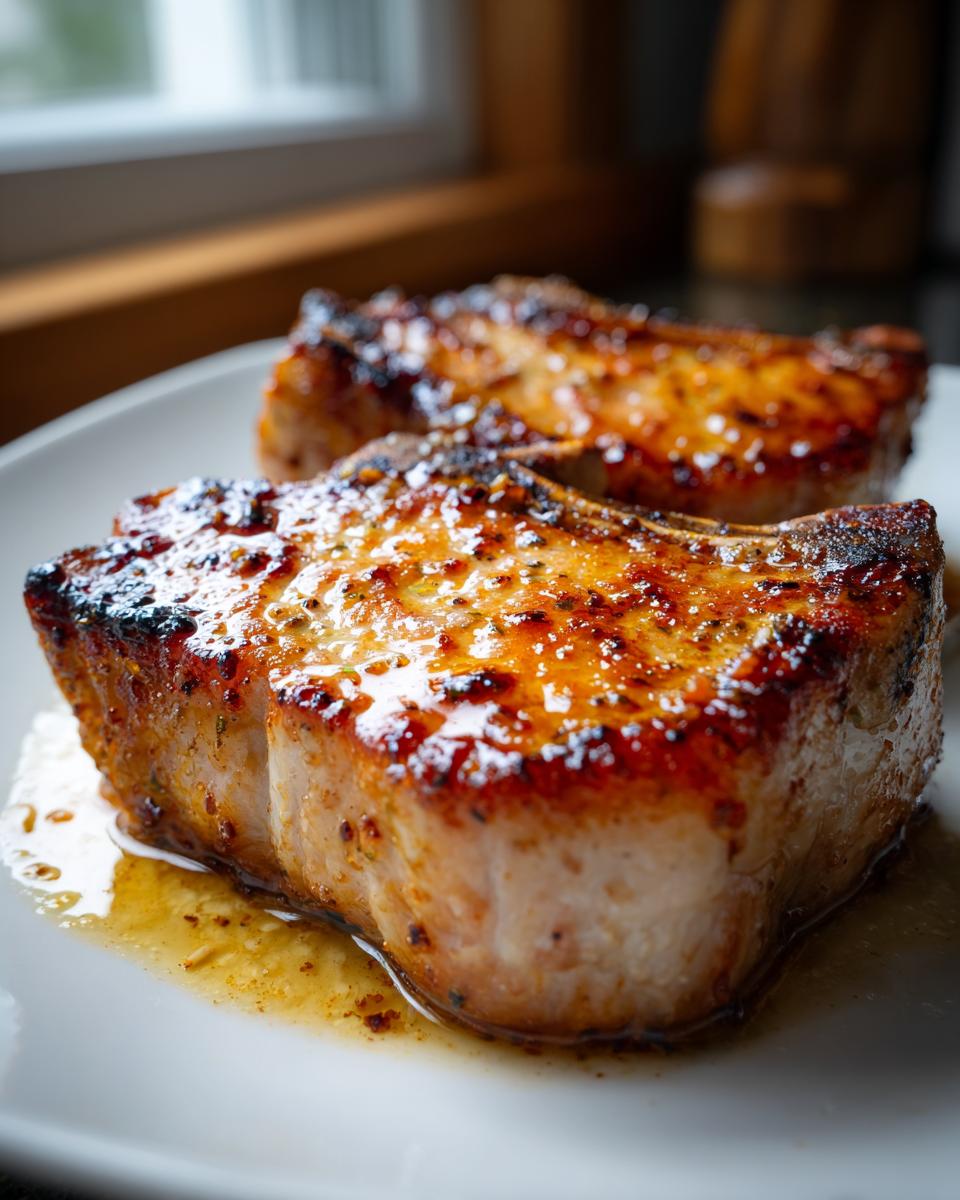Close-up of two perfectly seared pork chops in a savory sauce on a white plate, a key element of this pork chops recipe.