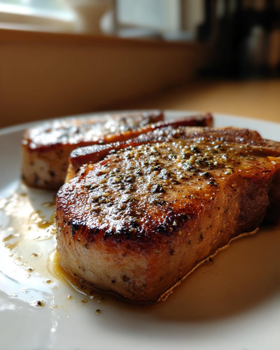 Close-up of three perfectly seared pork chops, seasoned with pepper and herbs, resting in a white plate with juices.