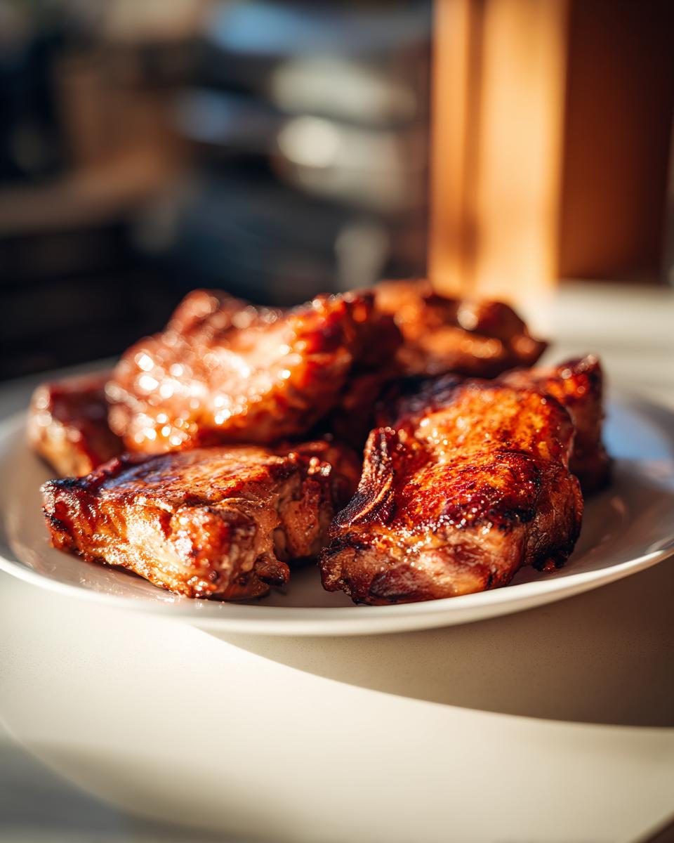 A plate of perfectly seared, juicy pork chops, ready to be served. This is one of the best pork chops recipes.