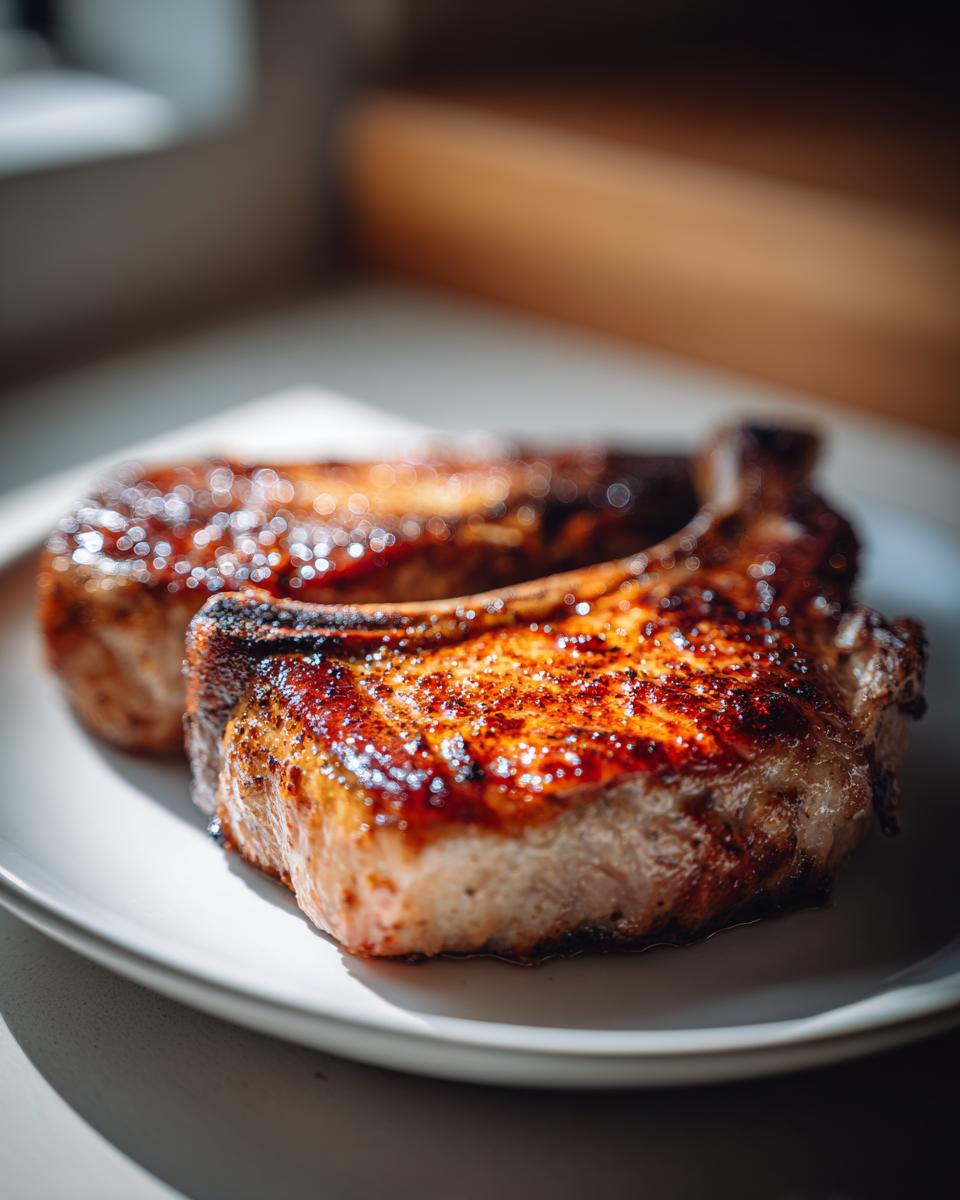 Close-up of two perfectly seared pork chops on a white plate, glistening with juices.