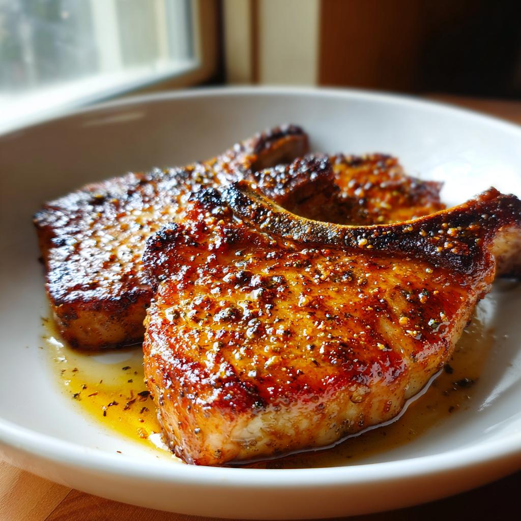 Close-up of two perfectly seared pork chops in a white bowl, glistening with pan juices and spices.