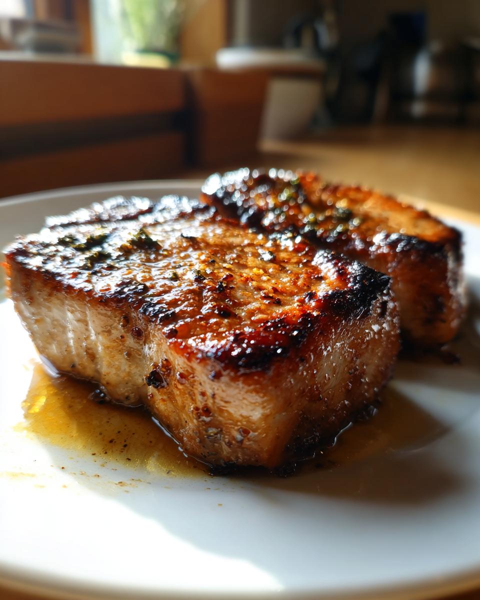 Close-up of two perfectly seared pork chops with a glossy glaze and herbs, served on a white plate.