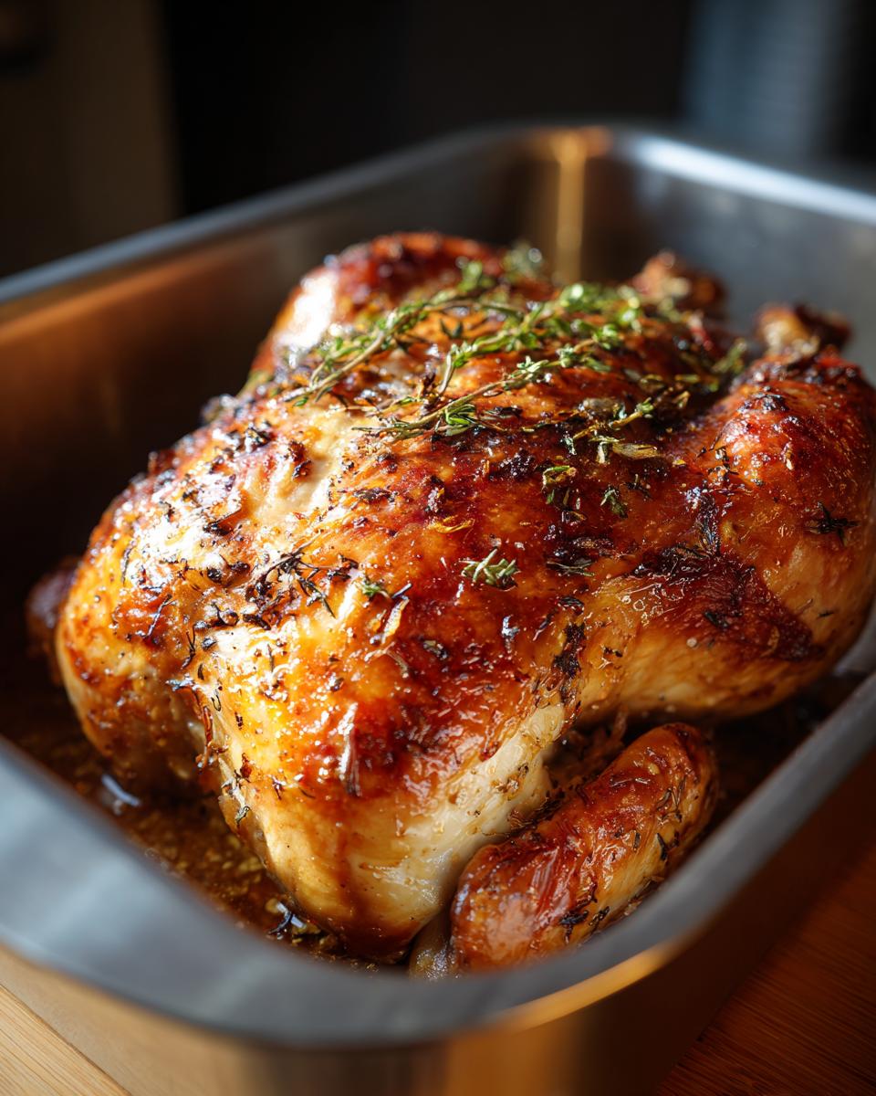 A perfectly roasted whole chicken with crispy golden-brown skin, garnished with fresh herbs, in a roasting pan. A great example of easy chicken recipes.