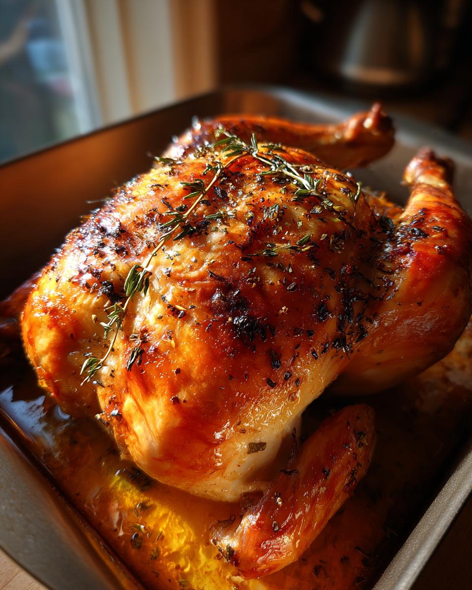 Close-up of a perfectly roasted whole chicken with crispy skin, seasoned with herbs, in a roasting pan.