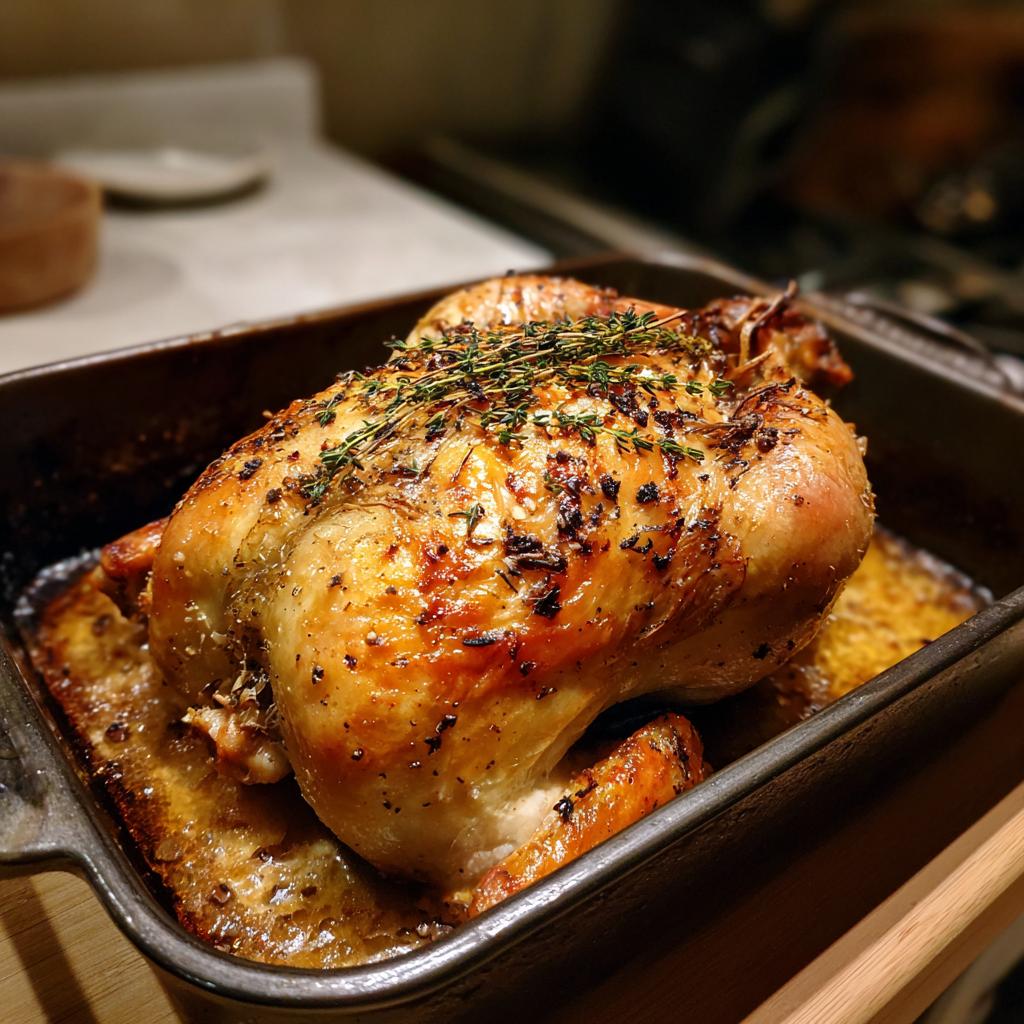 A golden-brown whole roasted chicken seasoned with herbs, resting in a roasting pan.