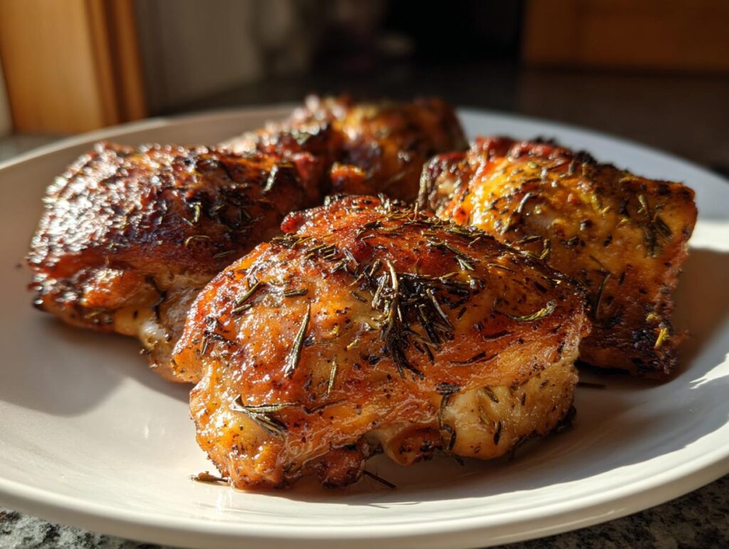 Close-up of four juicy roasted chicken thighs seasoned with herbs, a perfect chicken thigh dinner idea.