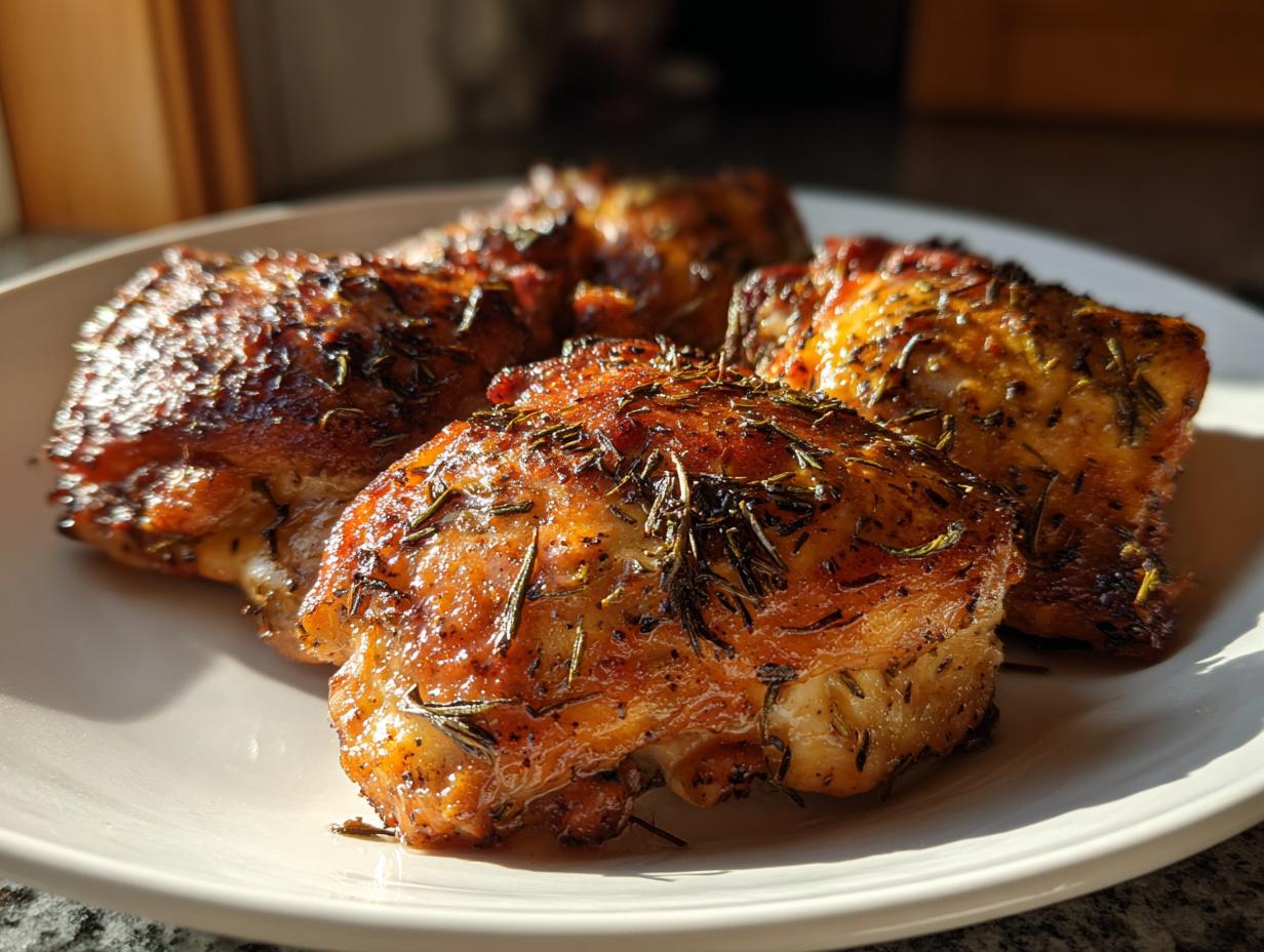 Close-up of four juicy roasted chicken thighs seasoned with herbs, a perfect chicken thigh dinner idea.