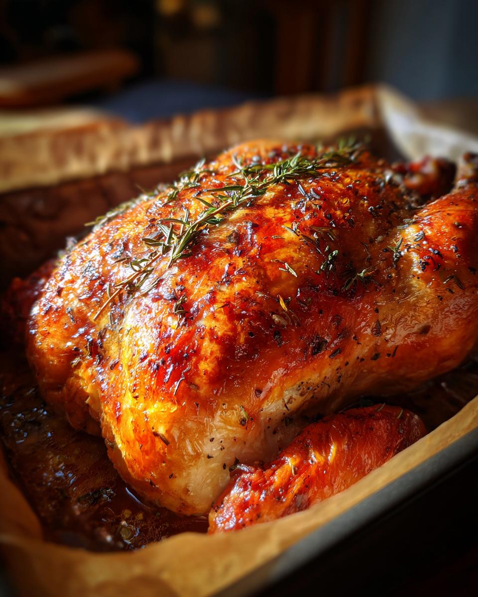 Close-up of a perfectly roasted whole chicken, seasoned and garnished with rosemary, ready for delicious chicken recipes.