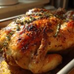 A golden-brown, juicy whole roasted chicken seasoned with herbs, ready for one of our easy chicken recipes.