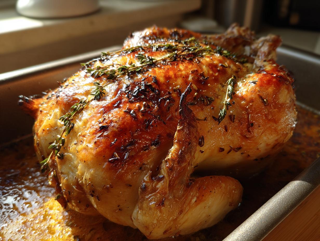 A golden-brown, juicy whole roasted chicken seasoned with herbs, ready for one of our easy chicken recipes.