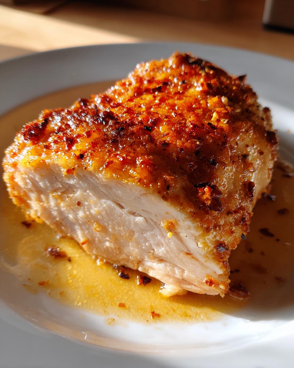 Close-up of a juicy seasoned chicken breast on a white plate with golden crust.