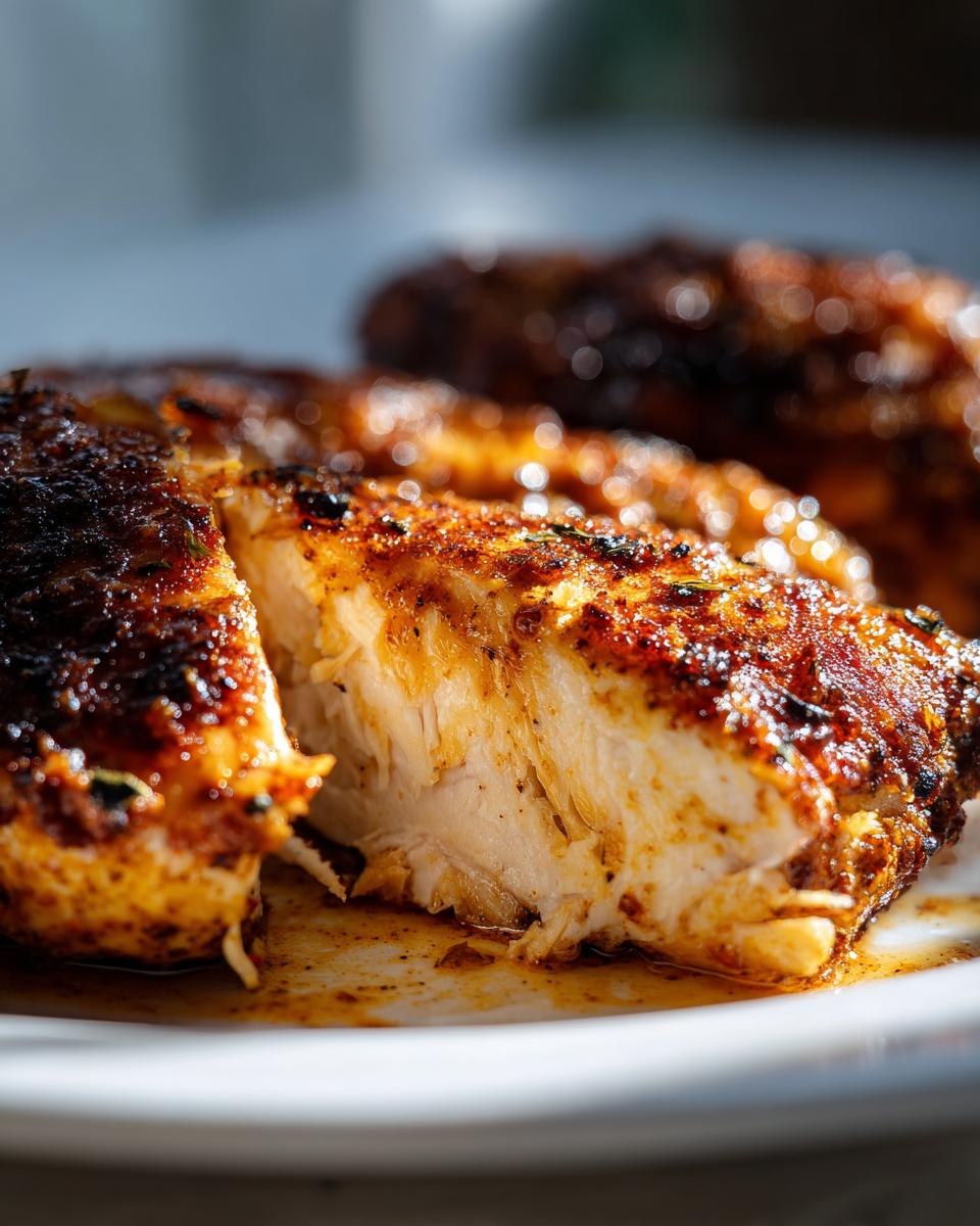 Close-up of juicy, seasoned chicken breast on a plate with a crispy, spiced crust.