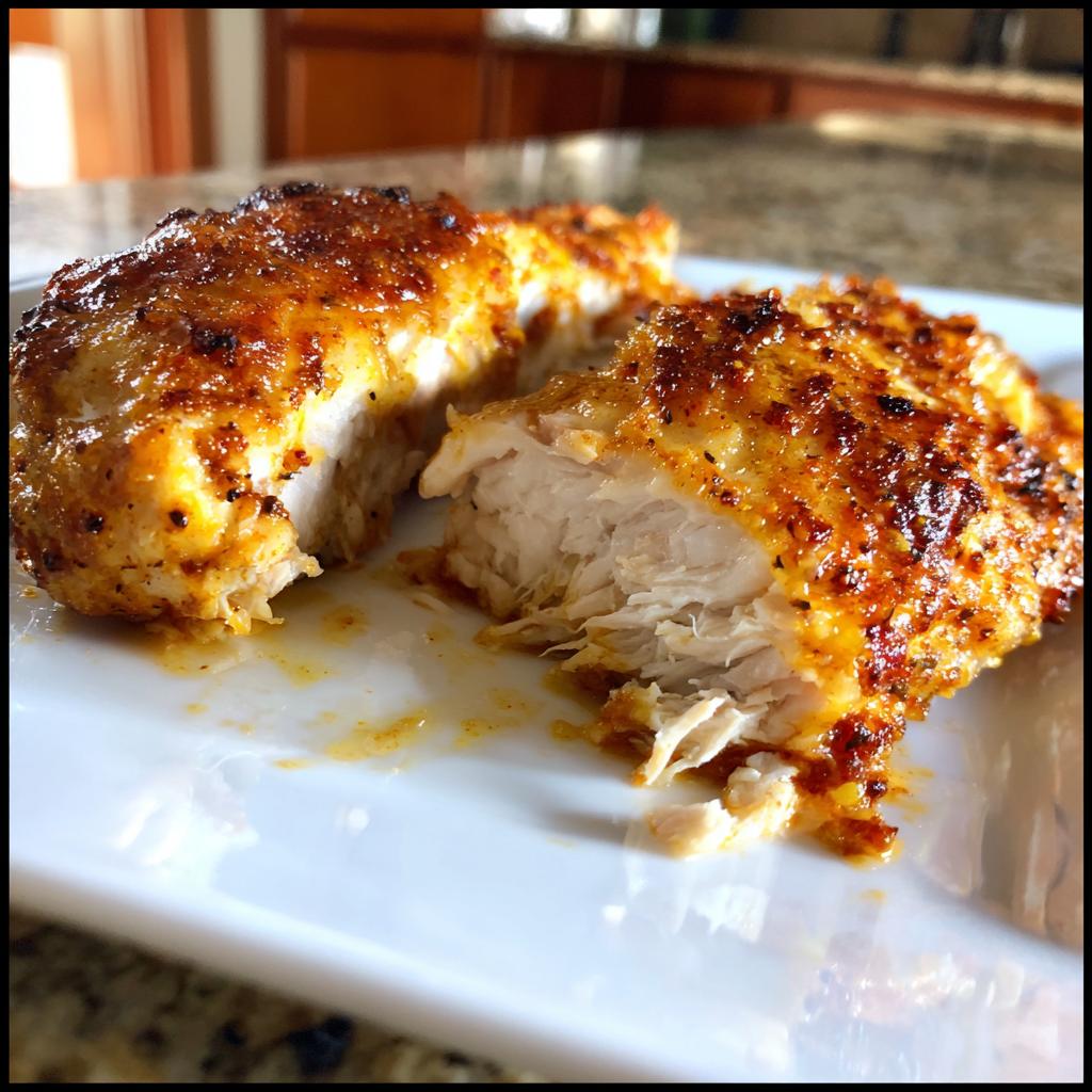 Close-up of a juicy, spiced chicken breast dinner cut in half on a white plate.