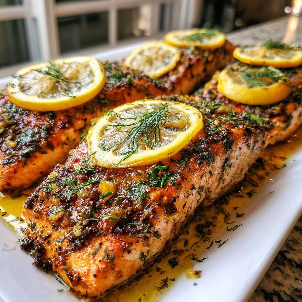 Close-up of perfectly cooked salmon fillets topped with lemon slices and fresh dill, part of our easy salmon recipes.