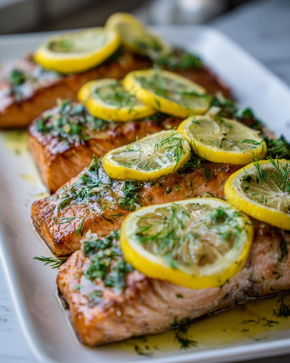 Close-up of pan-seared salmon fillets topped with lemon slices and fresh dill, a perfect addition to salmon recipes.