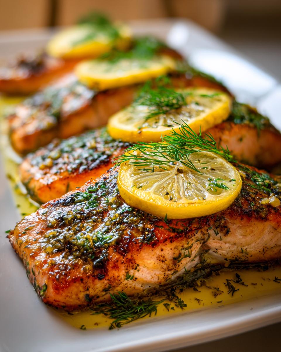 Close-up of perfectly cooked salmon fillets topped with lemon slices and fresh dill, part of easy salmon recipes.