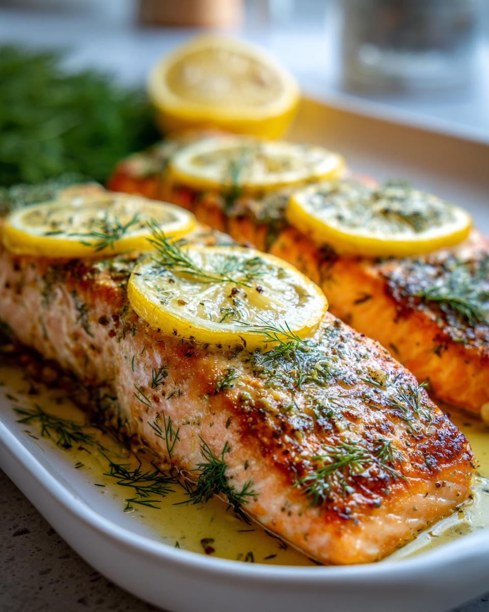Three perfectly cooked salmon fillets topped with lemon slices and fresh dill, part of easy salmon recipes.