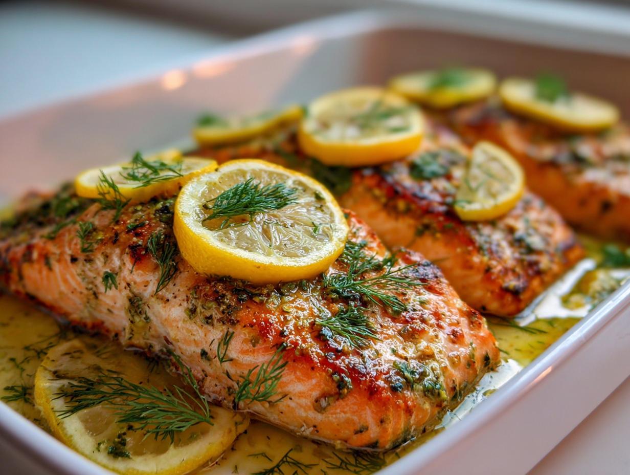 Close-up of baked salmon fillets with lemon slices and dill, part of delicious salmon recipes.