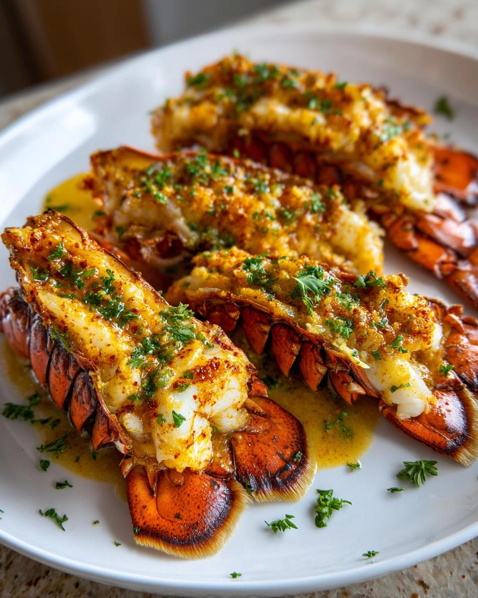Close-up of a white plate featuring a lobster tail recipe, glistening with butter sauce and sprinkled with fresh parsley.