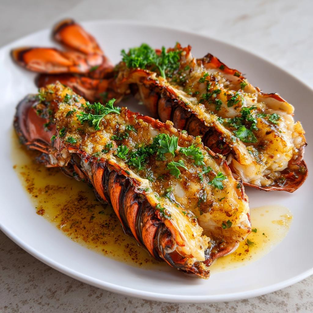 Two perfectly cooked lobster tails, glistening with butter and herbs, ready to be enjoyed as part of this lobster tail recipe.