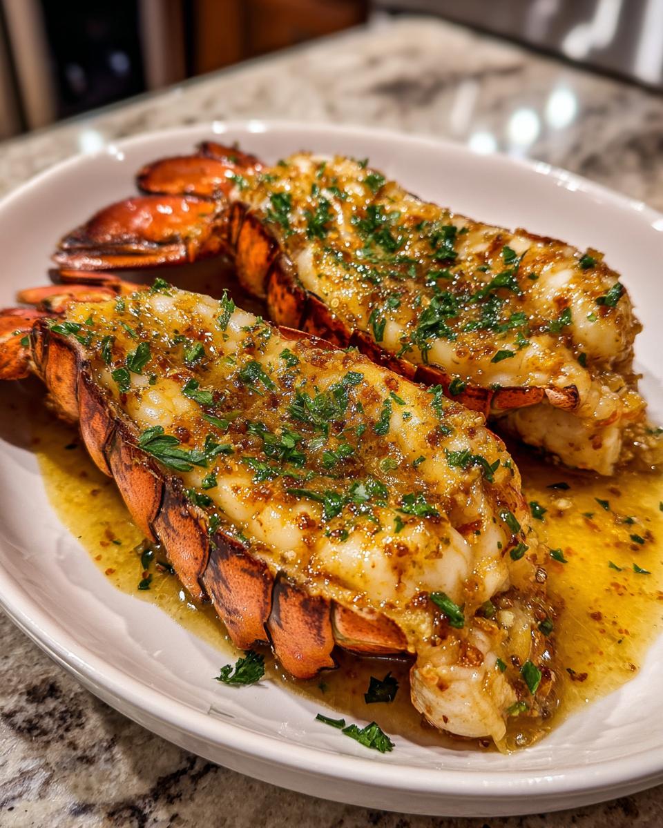 Two perfectly cooked lobster tails glistening in a rich butter sauce, topped with fresh parsley, ready for a lobster tail recipe.