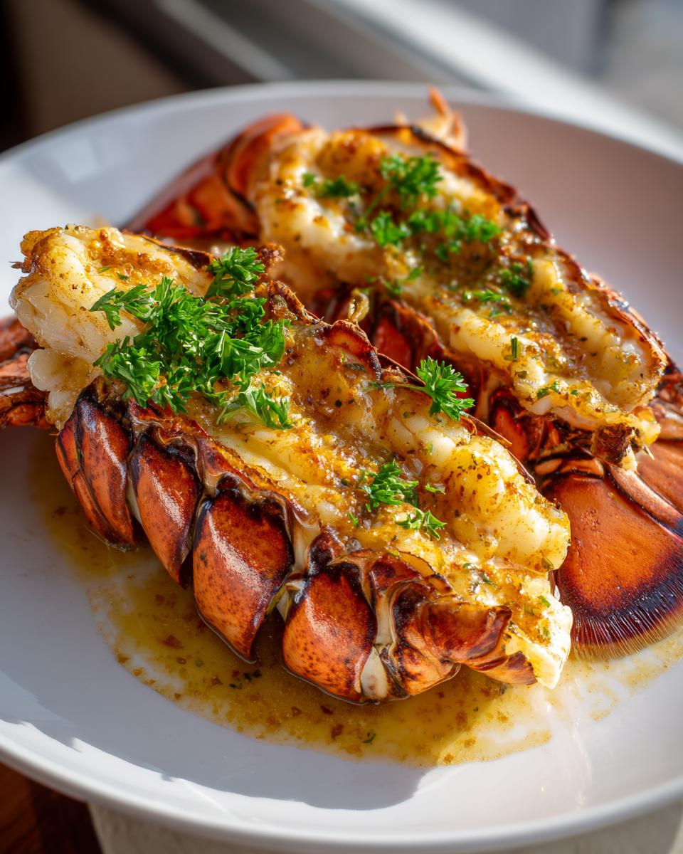 Close-up of two succulent lobster tails, broiled and topped with garlic butter and fresh parsley, part of a lobster tail recipe.