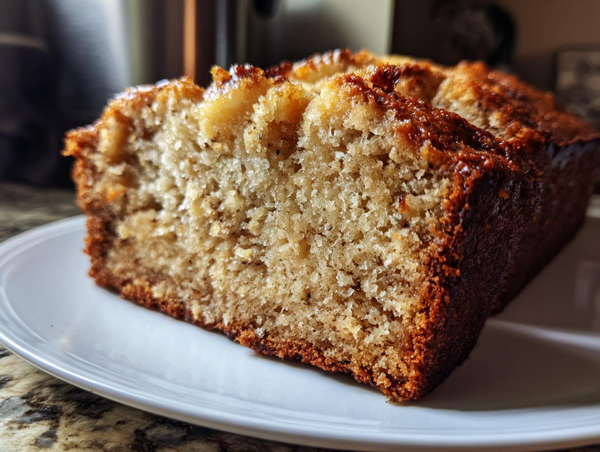 Close-up of a moist slice of banana bread on a white plate showcasing its soft texture