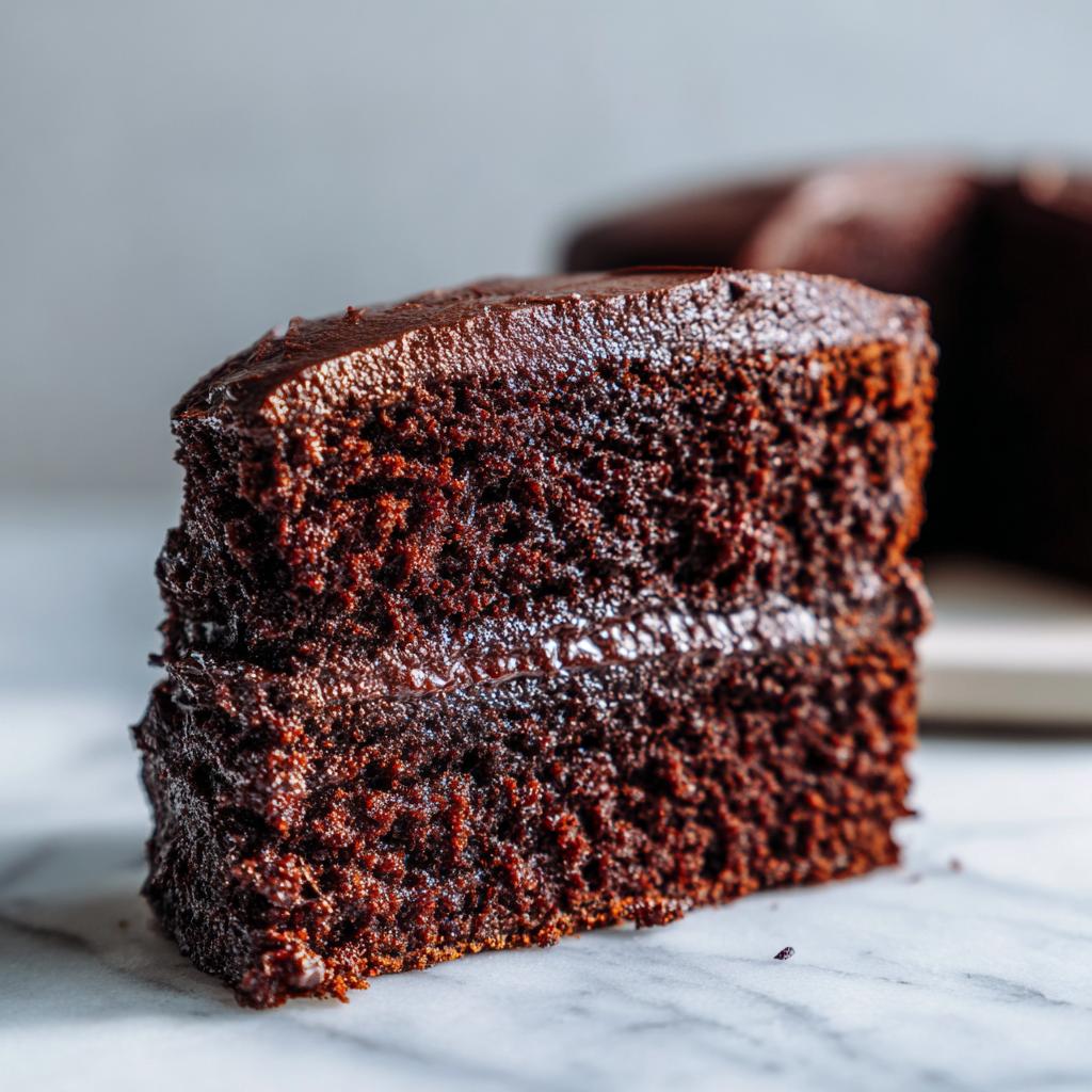 A close-up of a slice of moist chocolate cake with rich frosting.