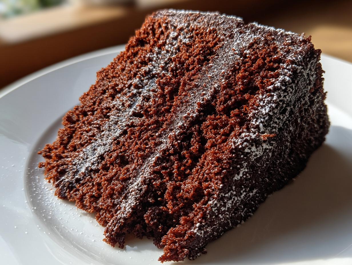 Close-up of a moist chocolate cake slice dusted with powdered sugar on a white plate
