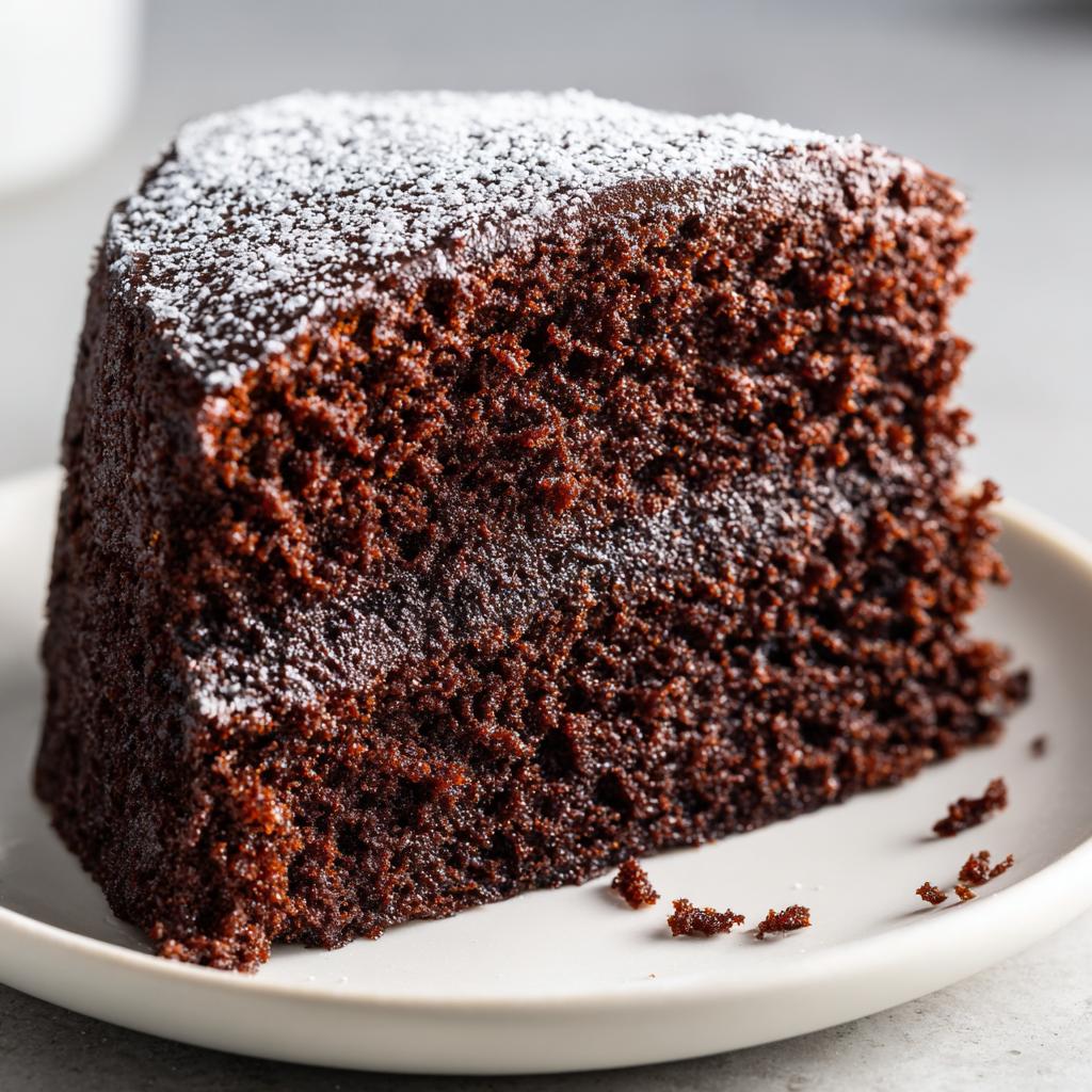 Close-up of a moist chocolate cake slice dusted with powdered sugar on a white plate