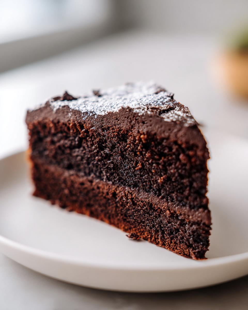 Close-up of a moist chocolate cake slice with powdered sugar on top on a white plate