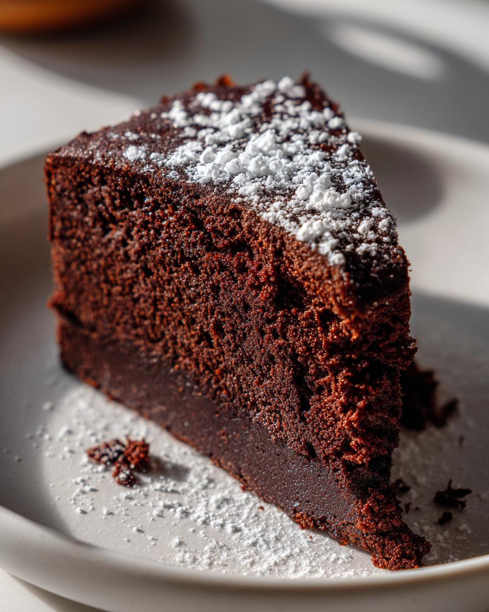 A close-up of a moist chocolate cake slice topped with powdered sugar on a plate.