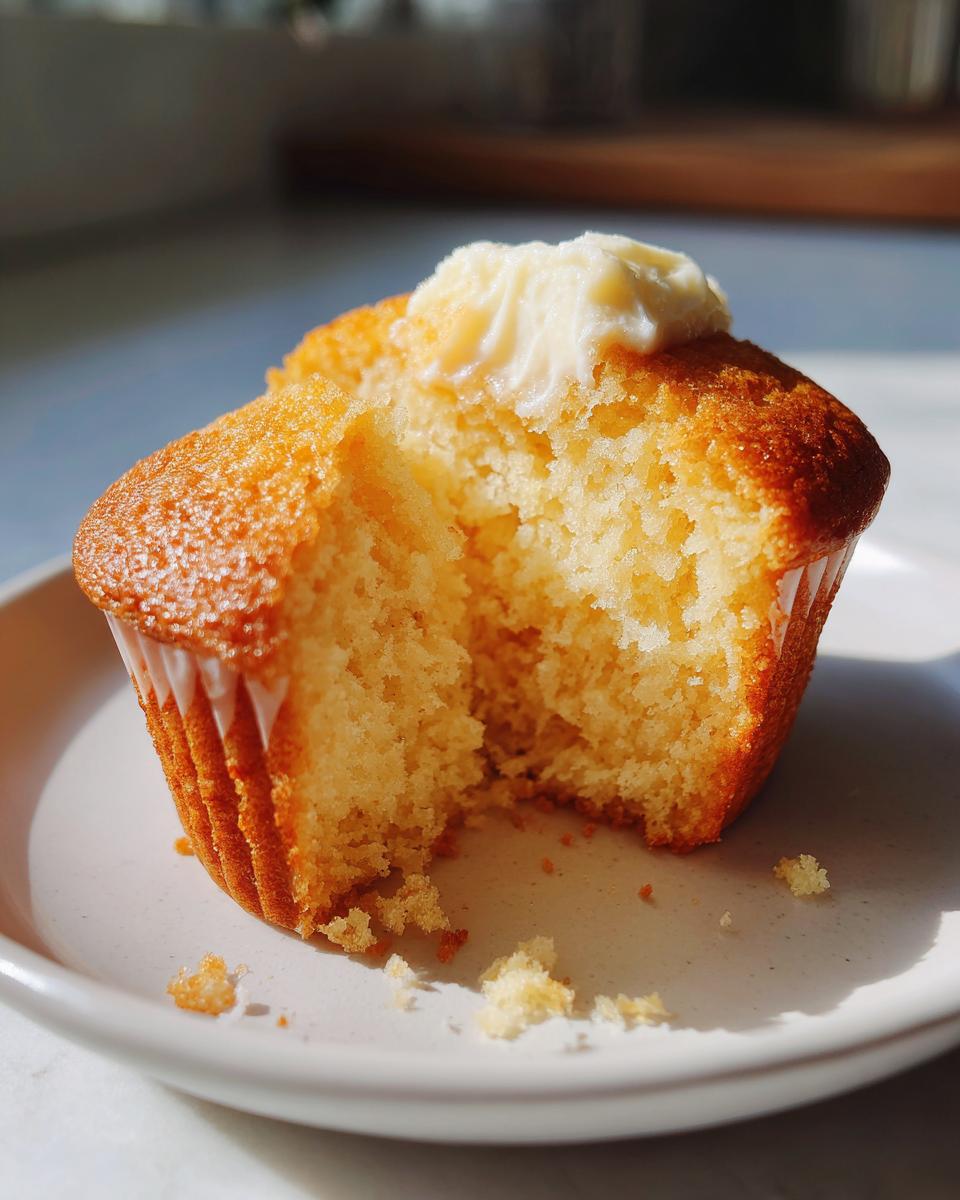 Close-up of a moist cupcake with a bite taken out and buttercream frosting on top.