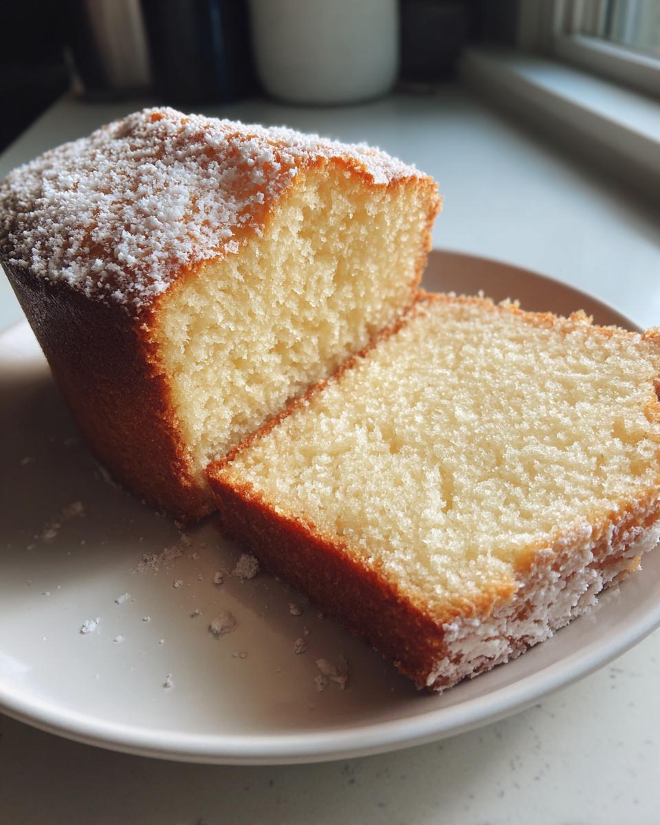 Sliced vanilla cake topped with powdered sugar on a white plate near a window