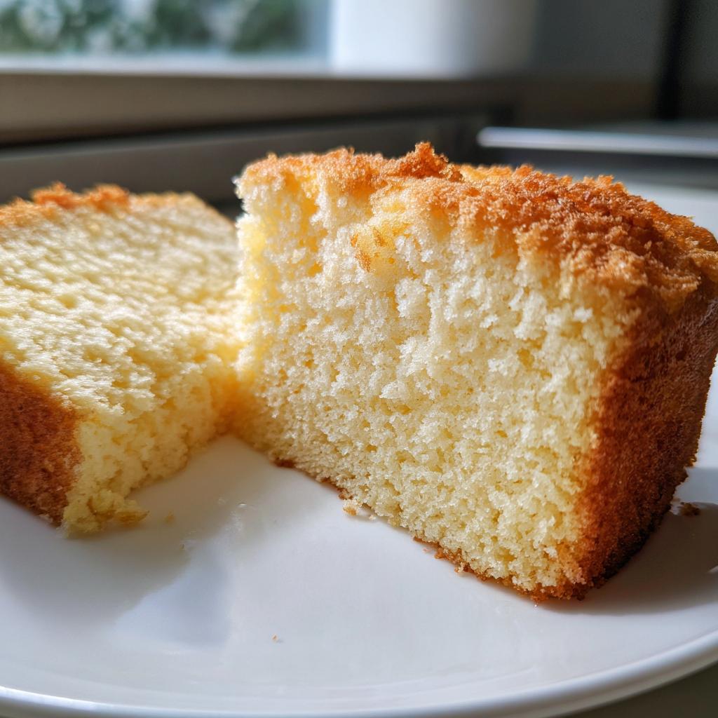 Close-up of a moist vanilla cake slice with golden crust on a white plate.