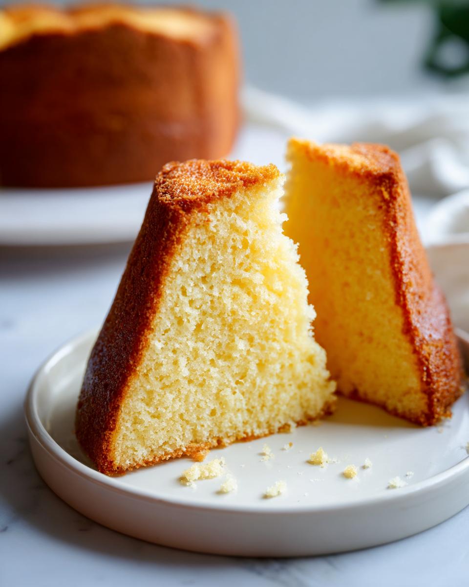 Two slices of moist vanilla cake with golden crust on a white plate with crumbs.