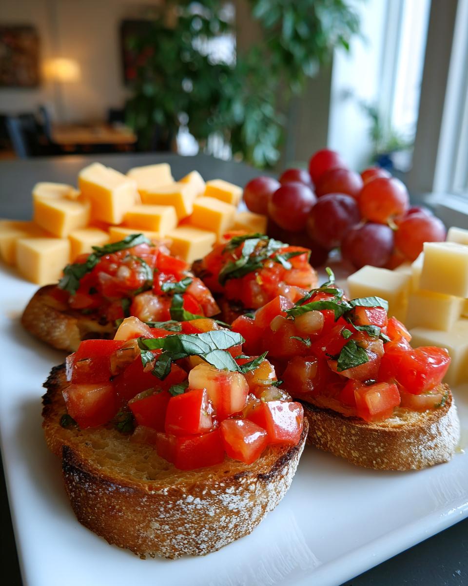 Close-up of fresh bruschetta with tomatoes and basil, served with cheese cubes and grapes as part of New Years appetizers.