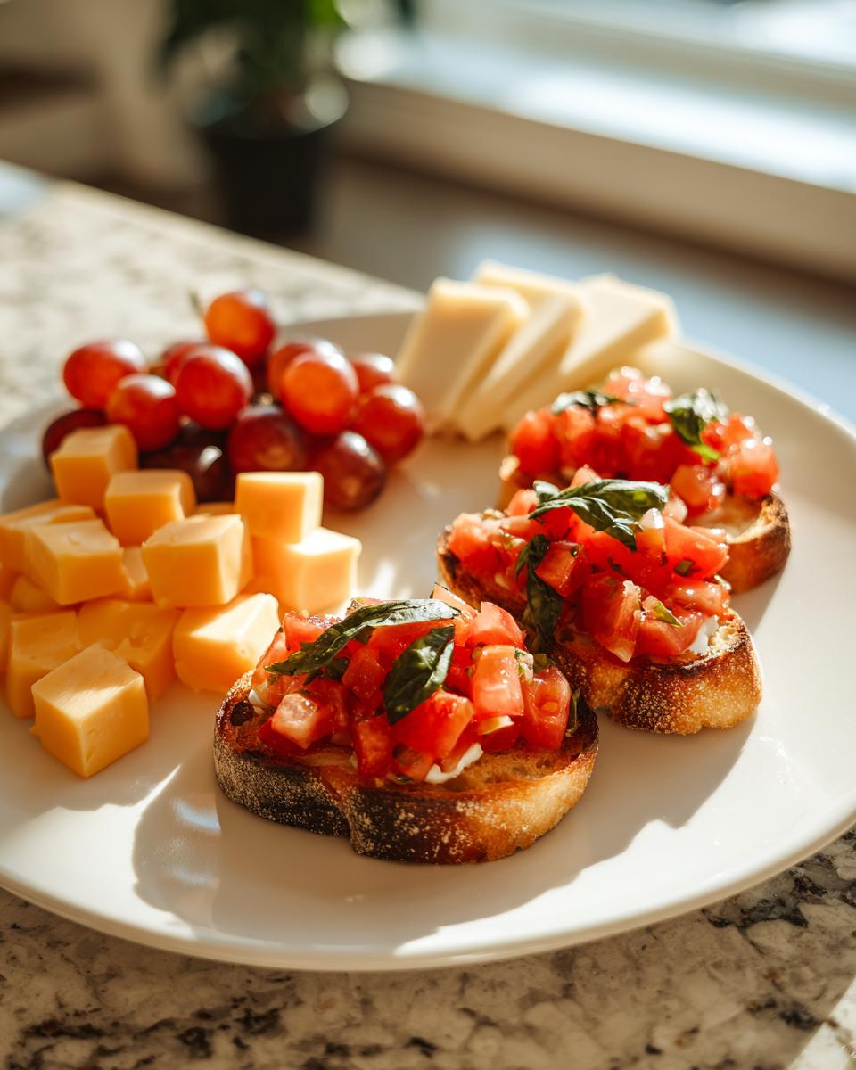 Plate of New Years appetizers featuring bruschetta, cubed cheese, sliced cheese, and red grapes.