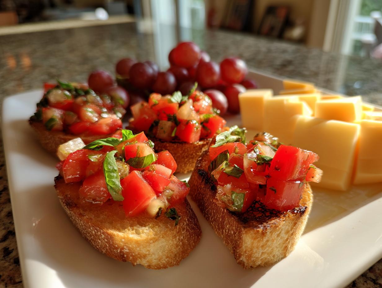 Close-up of fresh bruschetta topped with diced tomatoes and basil, served with cheese and grapes as part of New Years appetizers.